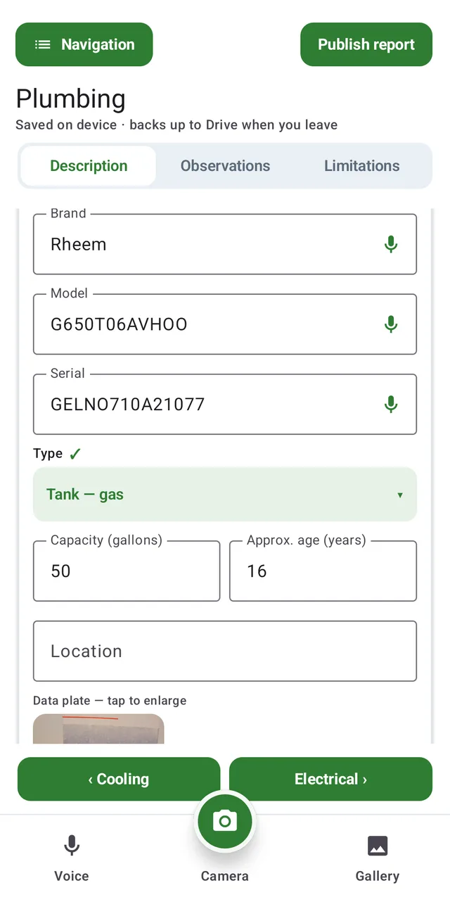 A water heater in JetInspect after the data plate reader: brand Rheem, the model and serial numbers, tank type, 50 gallons and an approximate age of 16 years, all read from the data plate photo