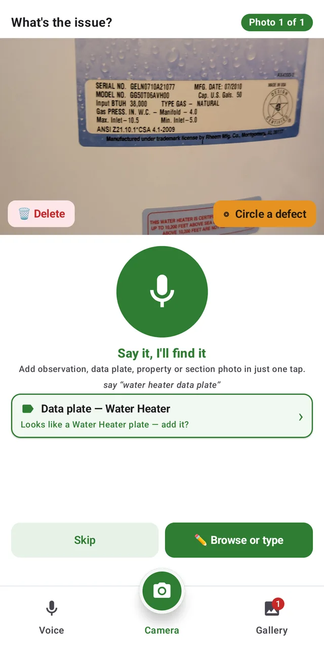 A new photo of a water heater data plate in JetInspect, recognized as a data plate: Looks like a Water Heater plate, add it?