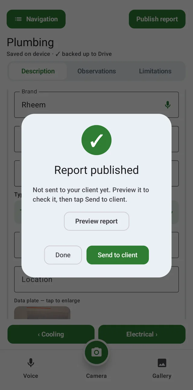 Report published in the JetInspect phone app: not sent to your client yet, with Preview report and Send to client buttons